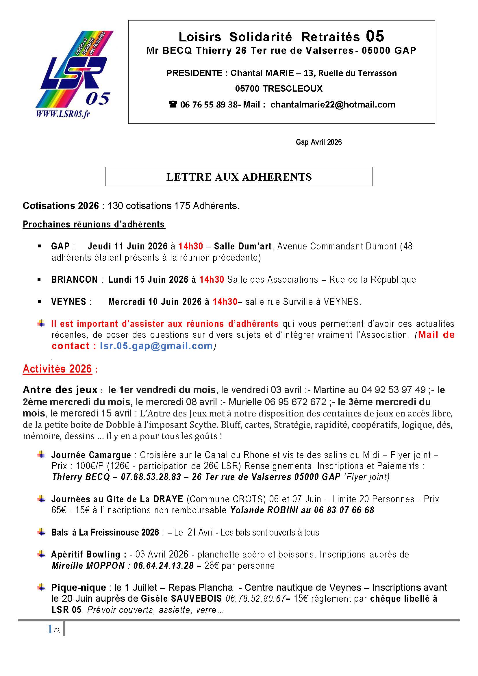 Lettre adhérent Avril 2026 Page 1