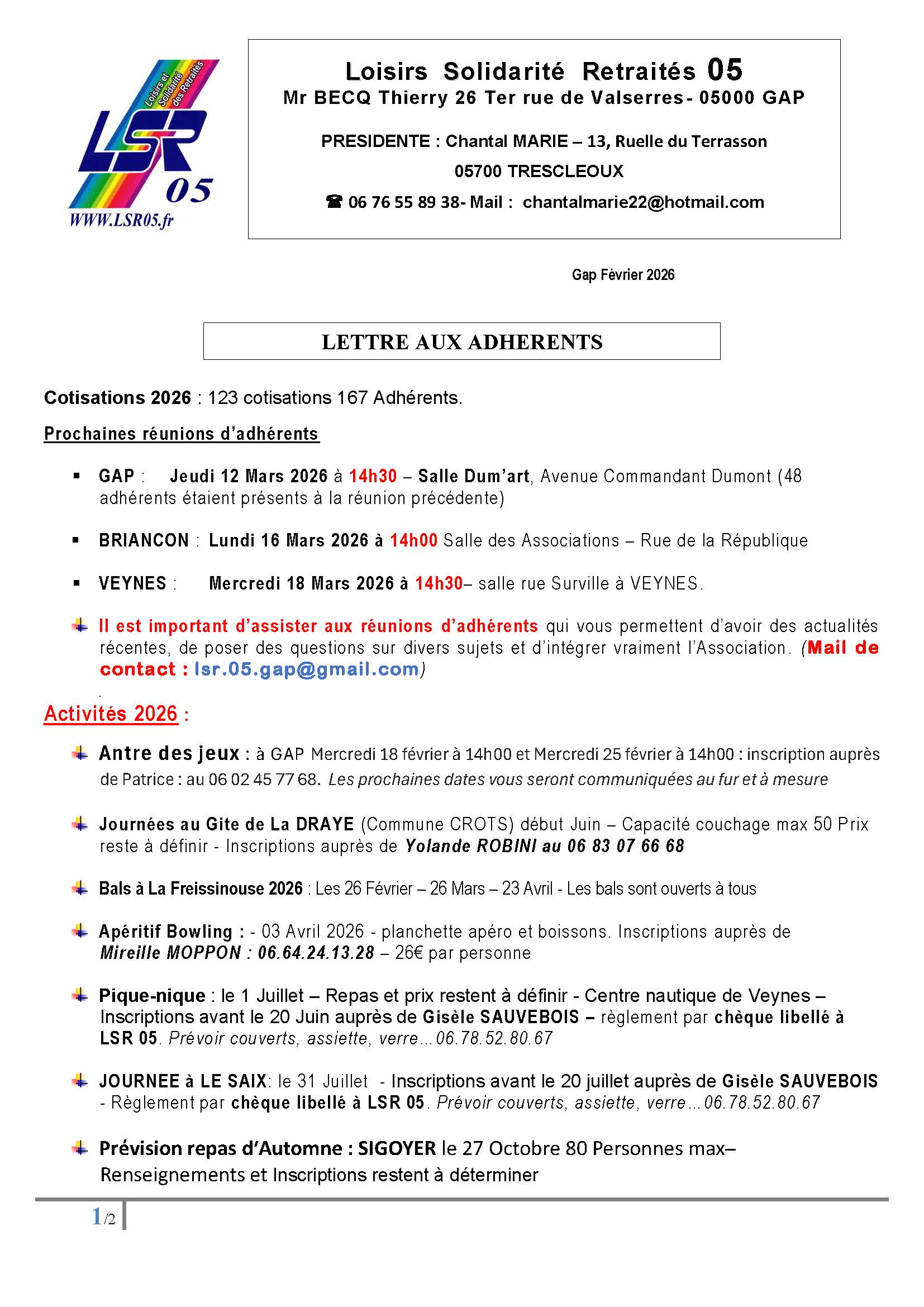 Lettre adhérent Février 2026 Page 1