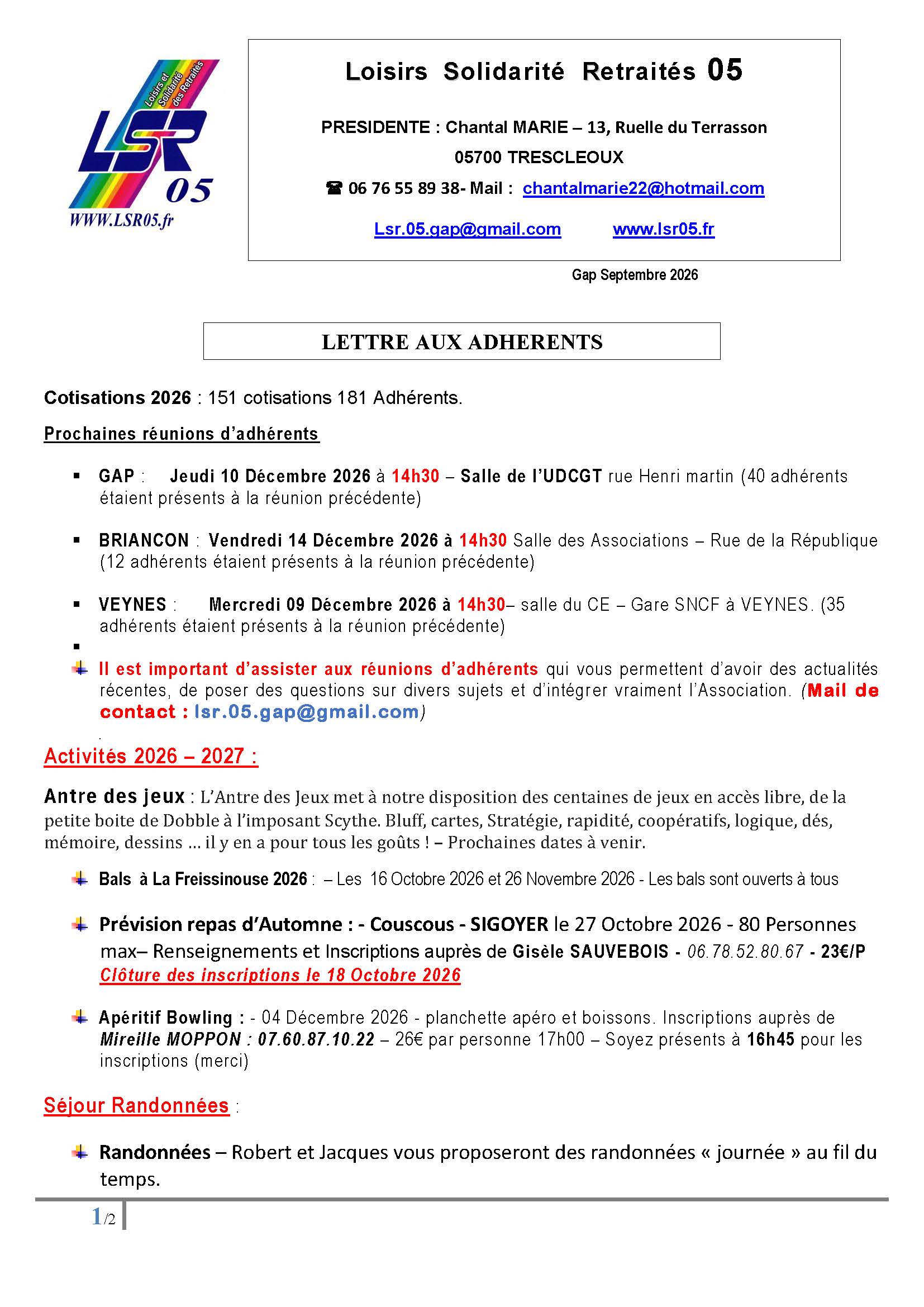 Lettre adhérent Septembre 2026 Page 1