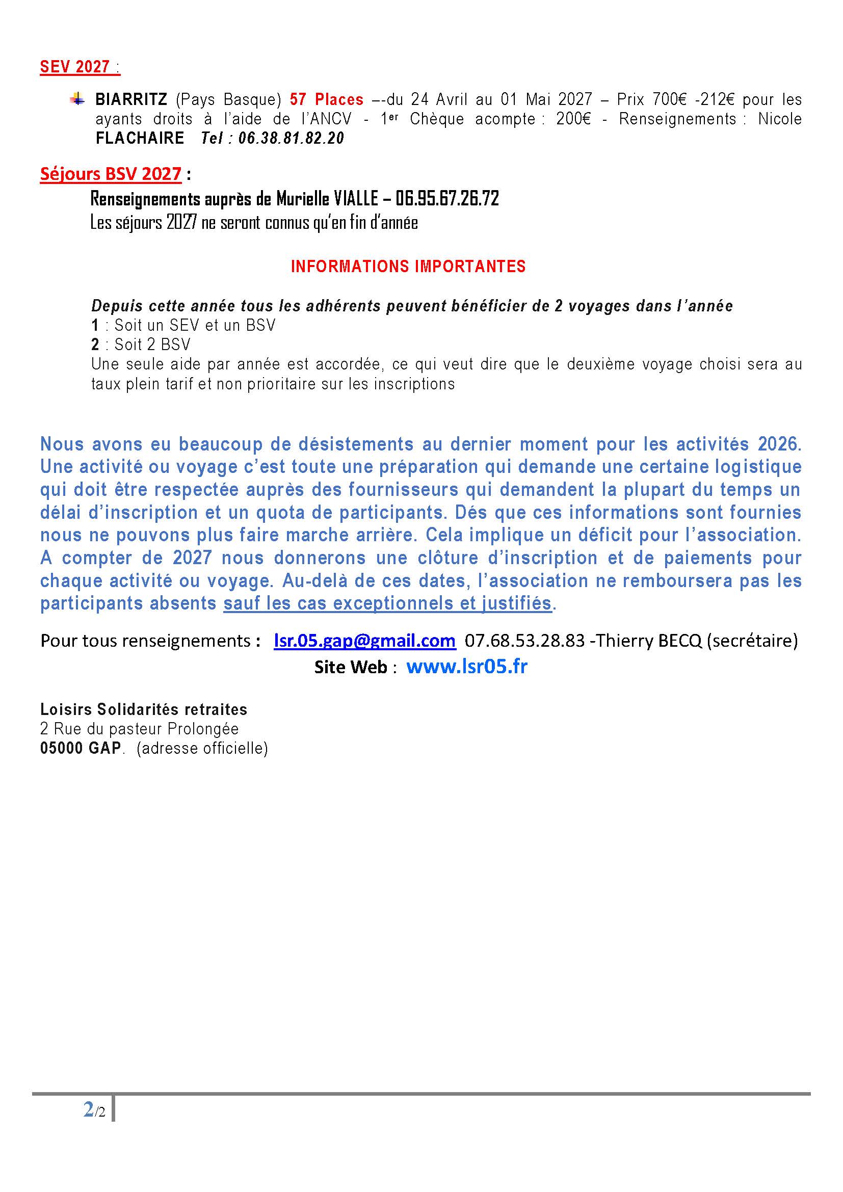 Lettre adhérent Septembre 2026 Page 2