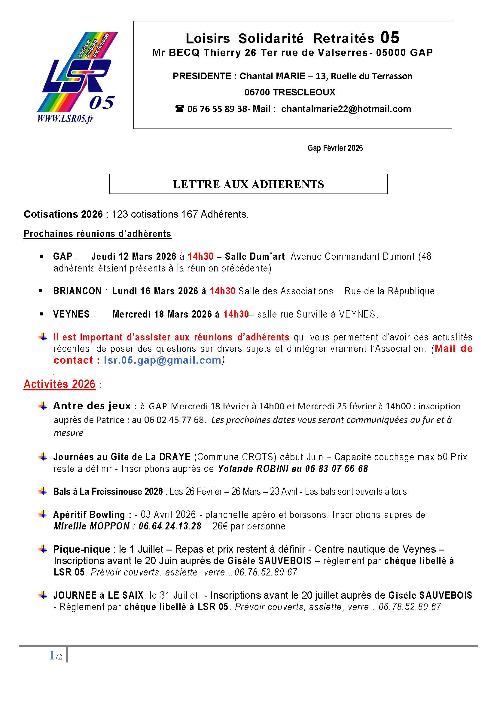 Lettre adhérents Février 2026 Page 1